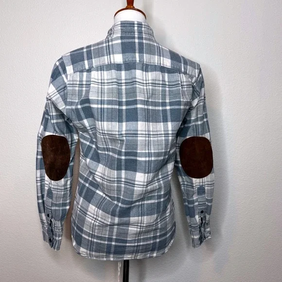 J. CREW Button Up Twill Shirt Suede Elbow Patches SM Plaid Blue Gray Equestrian - Picture 6 of 10